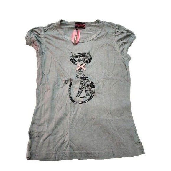 Vintage French Kitty by Mighty Fine Womens Top, Grey, Black Lace Cat, Small - Picture 2 of 4